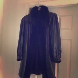 Ladies black leather coat with fur trim